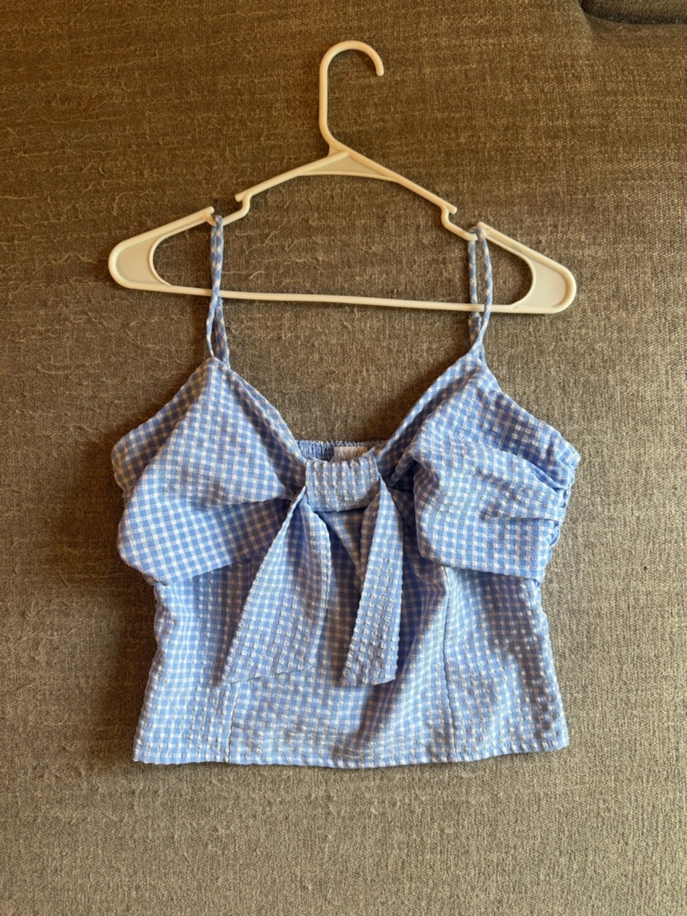 Light Blue Gingham Tie-Front Crop Camisole